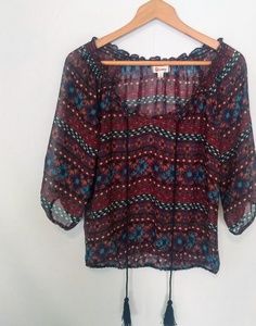 Olsenboye Boho Chic Sheer Print Hippie Peasant Top